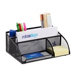 Relaxdays 10022480_46 Organiseur de Bureau stylos Lettres Porte Bloc-Notes Maille métal 5 Compartiments, Noir, 18 x 25,5 x 10,5 cm