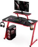 Bureau Gaming, Bureau d'Ordinateur Grand pour Gamer, Plateau Fibre de Carbone, Partition pour Affichage, Support Poignée, Ecouteurs Rotatif, Porte Gobelet, 110cm (Red)