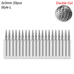 Double Burr L 20pc Fraise de travail en carbure de tungstène, tige de 3mm, 1/8 &quot;, pour sculpture, râpe rotative, lime, diamant, acier, bois et métal ""Nipseyteko