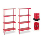 Relaxdays Étagère Charge Lourde, Lot de 2, 160 kg Max., 4 Niveaux, HxLxP:147,5x75,5x30,5 cm, Cave & Garage, métal, Rouge