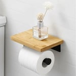 Porte Papier Toilette Adhésif avec Etagère Bambou Porte Rouleau sans perçage en Acier Inoxydable SUS304 Noir Mat,