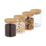 Relaxdays Jars in Set of Four, 750 ml Each, Bamboo Smell-Proof Lids, Dry Food Storage, Glass, Transparent/Brown, Set of 4