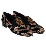 DOLCE & GABBANA Baroque Velvet Loafer Shoes VIVALDI Crown Logo Black Gold 12087