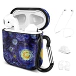 TNP Soft Protective Case Cover for Apple AirPods 1/2 Gen, Cute Skin w/Carabiner Clip Keychain Strap Ear Hook Accessories Compatible with Airpod 1st 2nd Generation Girl Women Men (Starry Night)