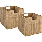 Vagusicc Lot de 2 paniers de rangement en osier tissés à la main pour étagères avec poignées – Paniers de rangement pliables pour garde-manger, chambre à coucher, organiseur et décoration – Naturel –