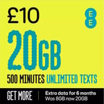 £10 Pre Loaded EE SIM CARD NANO - MICRO - STANDARD GET 8GB UNLIMITED CALLS TEXT