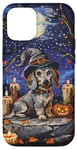 iPhone 14 Pro Funny Blue and Cream Dachshund Dog Witch Hat Halloween Men Case