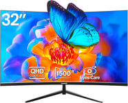 Curved Monitor 32 Pouces 75Hz,1500R Gaming Pc Screen Qhd (2560 X 1440P),Écran D'Ordinateur Sans Cadre Avec Freesync Et Eye Care Technologie,Supporte Vesa