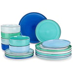 vancasso Bonita Blue Dinner Set, Handpainted Swirls Dinner Sets for 6 People, 18-Piece Plates and Bowls Set in Cool Tones, Include Dinner Plates, Dessert Plates, and Cereal Bowl