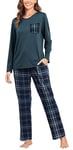 Lovasy Pyjama Femme Coton Long Vetement de Nuit Hiver Carreaux Col V Manches Longues Pyjamas à Maison Costume avec Poches A-Vert XL