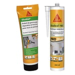 SIKA - Enduit de Rebouchage Universel tout en 1 en tube Blanc - Pâte à reboucher lissage et finition- 425g + Mastic acrylique pour joints de finitions, plinthes, calfeutrement, fissures - Blanc -300ml