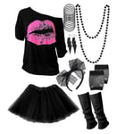 80-tals kostymtillbehör set T-shirt Tutu pannband örhänge halsband benvärmare, mesh handskar - Snngv Black XXXL