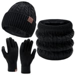 Homme Hiver Bonnets Gants Tactiles Echarpe Ensemble Cable Knit Slouchy Chapeau avec Doublure en Polaire, Noir