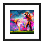 Abstract Splatter Art Golf Course Golfer Golfing Oil Painting Taking a Swing on Green Multicoloured Square Wooden Framed Wall Art Print Picture 8X8 In