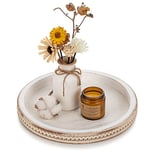 Hanobe Plateau Decoratif Rond Bois: Rustique Service Plat Petit Blanc Cafe Plateaux Perles Boho Mini Table Plats Ferme Deco pour Repas Canapé Cuisine, 30cm