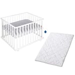 Roba Parc Bébé Rectangulaire roba Style 75x100 + Matelas et Tapis de Parc en Gris Argenté + Roulettes avec Frein - Bois Blanc