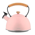 briebe Retro Bouilloire Induction Sifflante 2,3L, Acier Inoxydable, Tout Feux: Plaque Vitrocéramique, Gaz, Électrique, Poignée en Bois Cool Touch, Vintage, Pour Thé, Café, Tea Pot, Rose