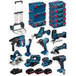 BOSCH Kit 18V BK1001 (GST18V-LIS+GKS18V-LI+GBH18V-21+GWS18-125V-LI+GSR18V-55+GSA18V-LIC+GDX18V-180+GLI18V-300+GHO18V-LI+3x4,0Ah)