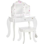 Coiffeuse enfant avec tabouret, miroir triptyque et tiroir coulissant - coiffeuse dim. 63L x 40l x 85,5H cm - mdf blanc, rose