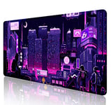 SXCKANG Purple Japanese Anime Large Mouse Pad for Desk, Neon Tokyo Street Pixel Art Desk Pad, Big Gaming Mouse Pad XXL, Skyline City Desk Mat, 35.4 x 15.7 in, Retro Vaporwave