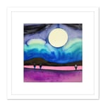 Modern Watercolour Night Harvest Moon Landscape Square Wooden Framed Wall Art Print Picture 8X8 Inch