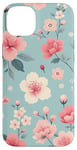 iPhone 14 Plus Pastel Pink White Flowers Light Blue Background Pattern Case