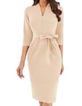 GRACE KARIN Robe de cocktail pour femme - Robe midi élégante à manches 3/4 - Avec poches et col en V - Coupe ajustée - Avec ceinture - Pour invitées de mariage ou de tous les jours, beige, XL