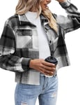 Zeagoo Veste Courte à Carreaux pour Femme Shacket Manteau Veste d'Automne et d'Hiver Flanelle Noir XXL