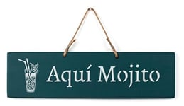 QUALIART Plaque en bois à suspendre, décoration, 38 x 10 cm, couleur bleu canard « Ici Mojito »