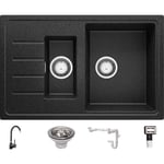 Evier Cuisine en Granit 78 x 50 cm Lavabo 1,5 bac + Robinet + Siphon Classique, Évier à Encastrer de Primagran Graphite - black#white