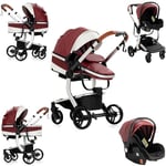 Sianldcone Cuir PU Poussette 3 en 1, Tissus Haut de Gamme Poussette Bebe, Poussoir Bidirectionnel Poussette Avec Cosy, Vision Buverte Poussettes Combinées (518 Red)