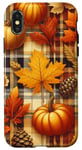 Coque pour iPhone X/XS Orange Plaid Fall Design Falling Leaves Pumpkin Autumn Theme