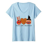 Womens Peace love Halloween Pumpkin witch hat fingers women girls V-Neck T-Shirt