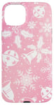 Coque pour iPhone 15 Plus Pink Aura Motif floral et flocons de neige d'hiver