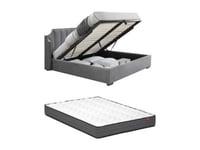 Lit coffre 140 x 190 cm avec tête de lit incurvée - Velours - Gris clair + Matelas - TEOMIS