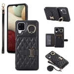 Phone Case For Samsung Galaxy A12/M12 Wallet Cover with Crossbody Shoulder Strap and Leather Credit Card Holder 360°Rotation Ring Kickstand Cell Accessories AA 12 5G A-12 S12 12A 4G2022 Girls Black