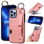 Apple iPhone 13 Pro Max Hand Strap PU Card Case Pink