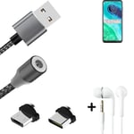 Magnetic charging cable + earphones for Motorola Moto G8 + USB type C a. Micro-U