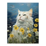 White Cat In The Wildflowers Floral Meadow Oil Painting Norwegian Forest Cat Extra Large XL Unframed Wall Art Poster Print