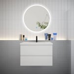 Ensemble meuble vasque L.80cm 2 tiroirs + lavabo + LED miroir rond 80cm,design