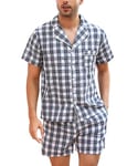 Irdcomps Pyjama Homme Coton Été Court Ensembles de Pyjamas Plaid Ete Vêtements De Nuit Carreaux Vêtements de Détente à Manches Short Pyjama Loungewear Deux Pièces Confortable Doux Bleu+Blanc1 XXL