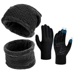 Hiver Bonnet Écharpe Ensemble Gants - Unisex Packs Snood Chapeau Mitaines Écran Tactile Tricot Laine Polaire Hiver Chaud Anti Froid Ski Musculation Cyclisme Moto Vtt Sports Plein Air Cadeau Noel