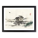 Cottage In The River By Kono Bairei Asian Japanese Framed Wall Art Print, Ready to Hang Picture for Living Room Bedroom Home Office Décor, Black A2 (64 x 46 cm)