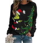 Kvinnor The Grinch Printed Sweatshirt Crew Neck Christmas Casual Lös Pullover Jumper Toppar qd bäst Black 2XL