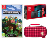 Nintendo Switch Neon Red & Blue, Minecraft & Pikachu Plaid Case Bundle, Red,Blue