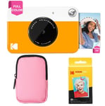 KODAK Printomatic Full-Color Instant Print Camera Starter Bundle + Soft Case + Zink 20pk Photo Paper - Colorful Photos On 2x3" Sticky-Back Paper - Fun Gift for Birthday Christmas Holiday - Yellow