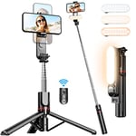 Perche à Selfie avec Lumière, 111cm avec Trépied Amélioré, Trépied pour Téléphone avec Télécommande Détachable 360° Rotation Perche Selfie Trépied pour iPhone et Android des Smartphones