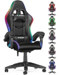 bigzzia Ergonomique Chaise Gaming avec éclairage LED Effets, Dossier Hauteur Réglable, Fauteuil Gaming LED avec Lombaire&Appui-Tête Appui, Chaise de Bureau Adultes Enfants (avec LED Effets, Noir)