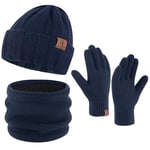 Hommes Hiver Chaud Bonnet Echarpe Thermique Gants Tactiles Ensemble Tricot avec Cache-Cou Cadeau Homme Noel