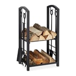 Relaxdays 10028783 Etagère à bois serviteur, 2 Etages Porte buche, outils cheminée, pelle,balai,pince,tisonnier, noir, acier, plastique, 73 x 46 x 30 cm